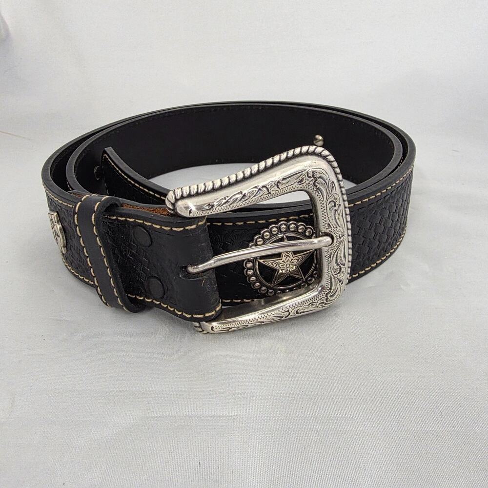LARRY MAHAN Black Genuine Leather Silver Stars Western Belt Buckle Men’s Size 38